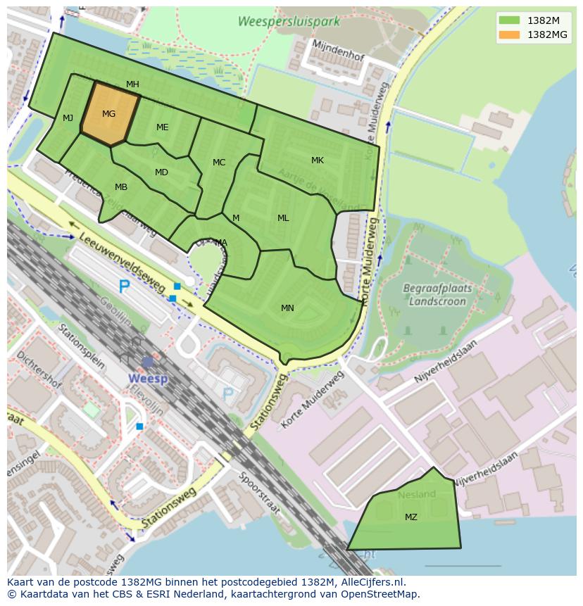 Afbeelding van het postcodegebied 1382 MG op de kaart.
