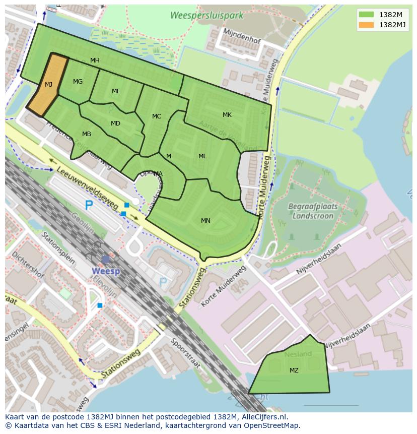 Afbeelding van het postcodegebied 1382 MJ op de kaart.