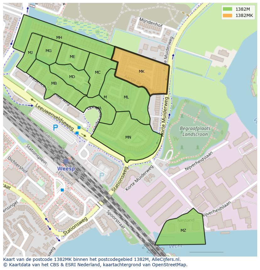 Afbeelding van het postcodegebied 1382 MK op de kaart.