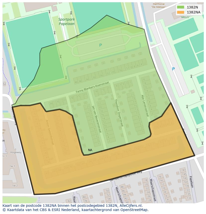 Afbeelding van het postcodegebied 1382 NA op de kaart.
