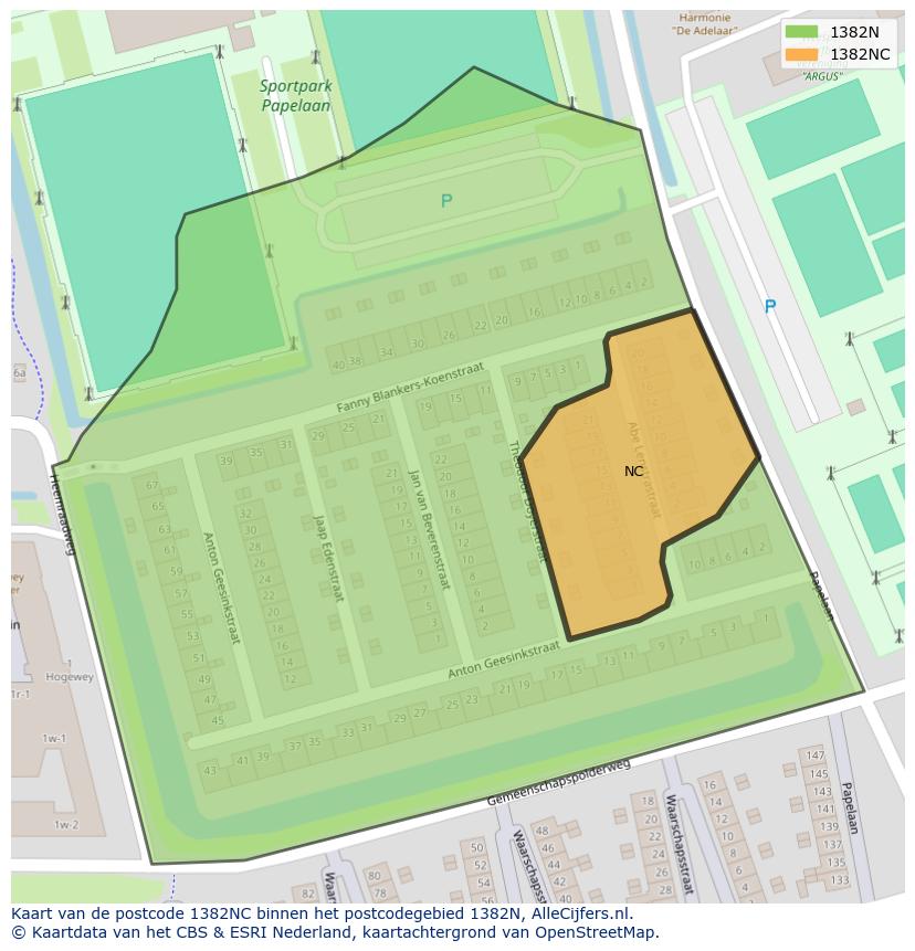 Afbeelding van het postcodegebied 1382 NC op de kaart.