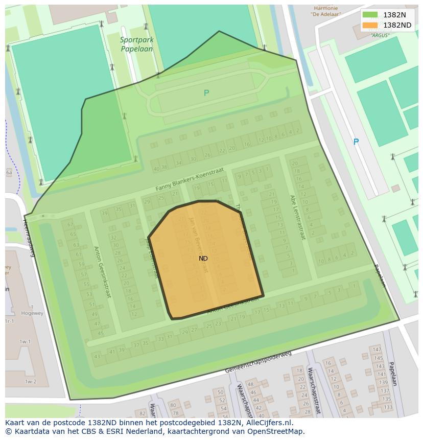 Afbeelding van het postcodegebied 1382 ND op de kaart.
