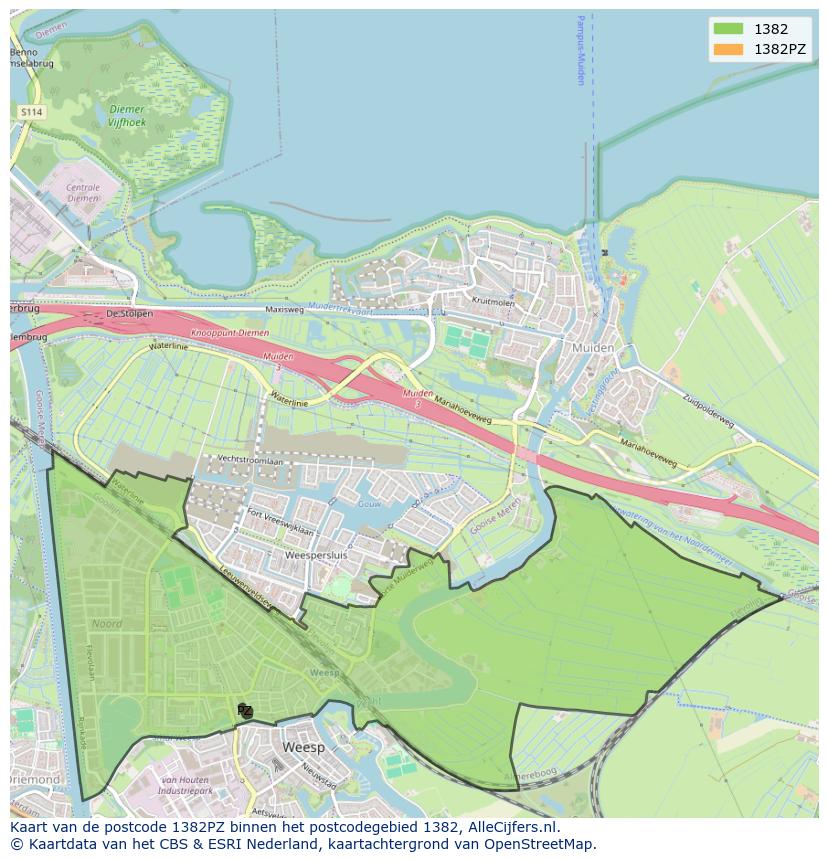 Afbeelding van het postcodegebied 1382 PZ op de kaart.
