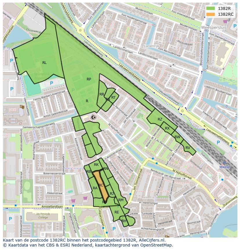 Afbeelding van het postcodegebied 1382 RC op de kaart.