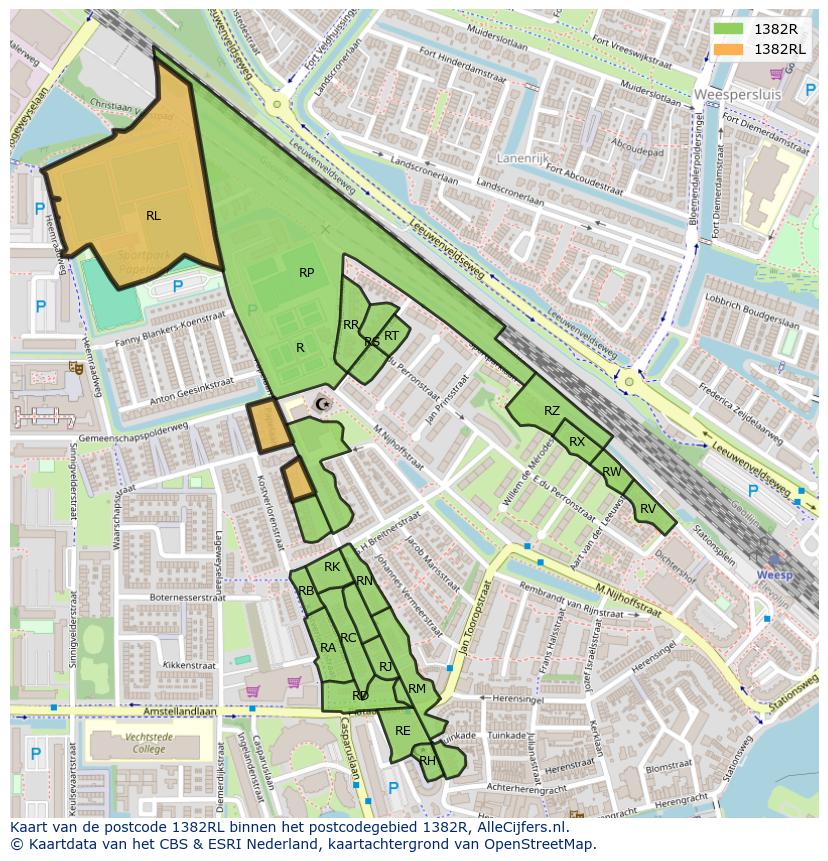 Afbeelding van het postcodegebied 1382 RL op de kaart.