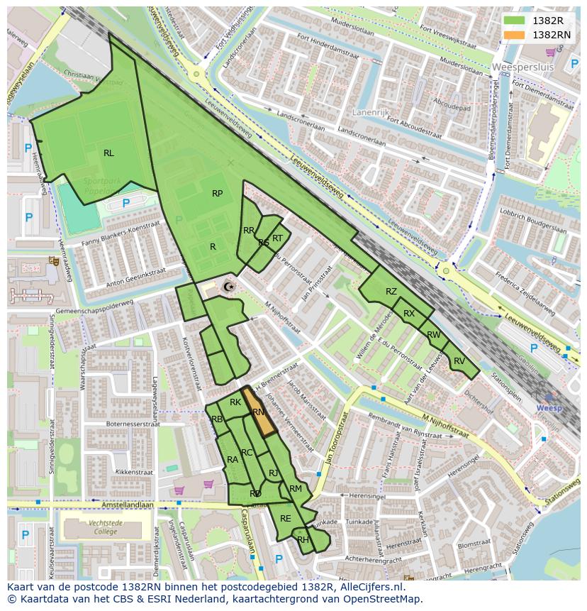 Afbeelding van het postcodegebied 1382 RN op de kaart.