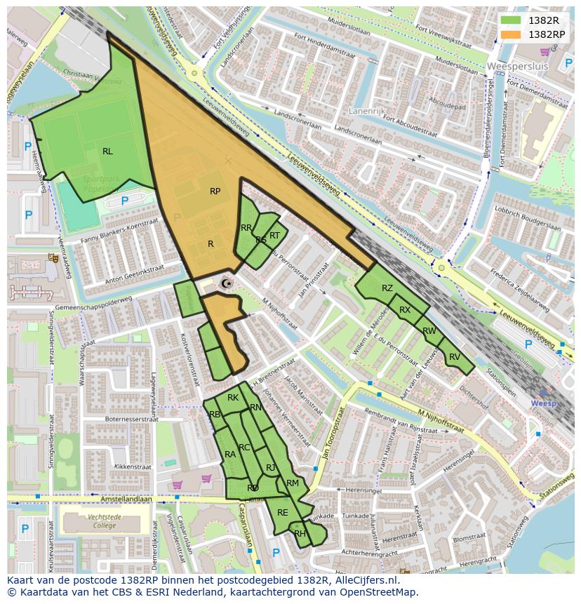 Afbeelding van het postcodegebied 1382 RP op de kaart.