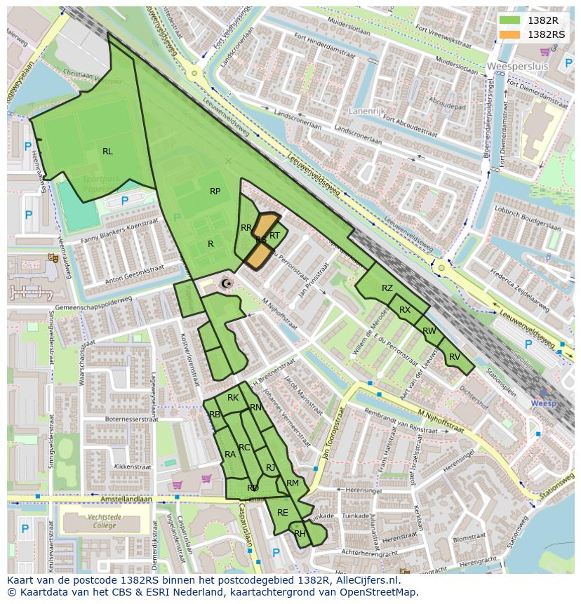 Afbeelding van het postcodegebied 1382 RS op de kaart.