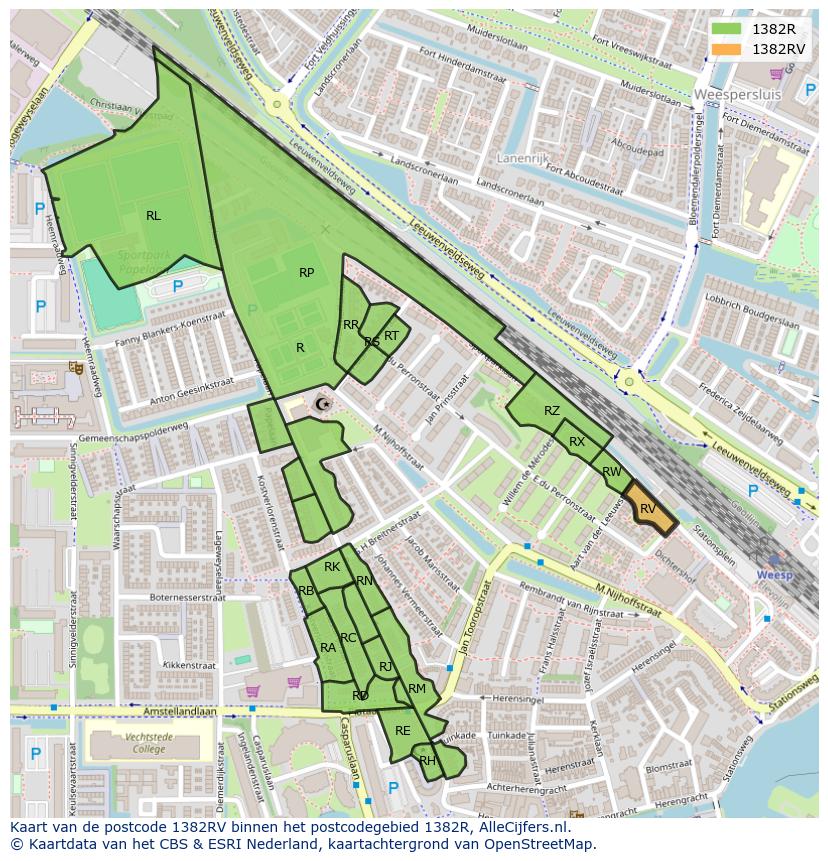 Afbeelding van het postcodegebied 1382 RV op de kaart.