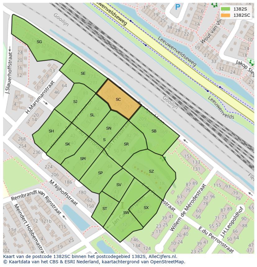 Afbeelding van het postcodegebied 1382 SC op de kaart.