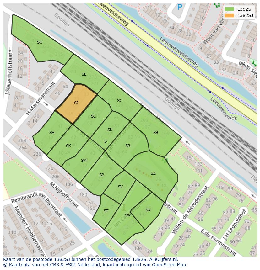 Afbeelding van het postcodegebied 1382 SJ op de kaart.