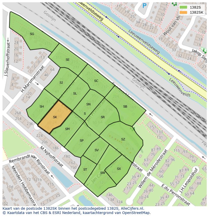 Afbeelding van het postcodegebied 1382 SK op de kaart.