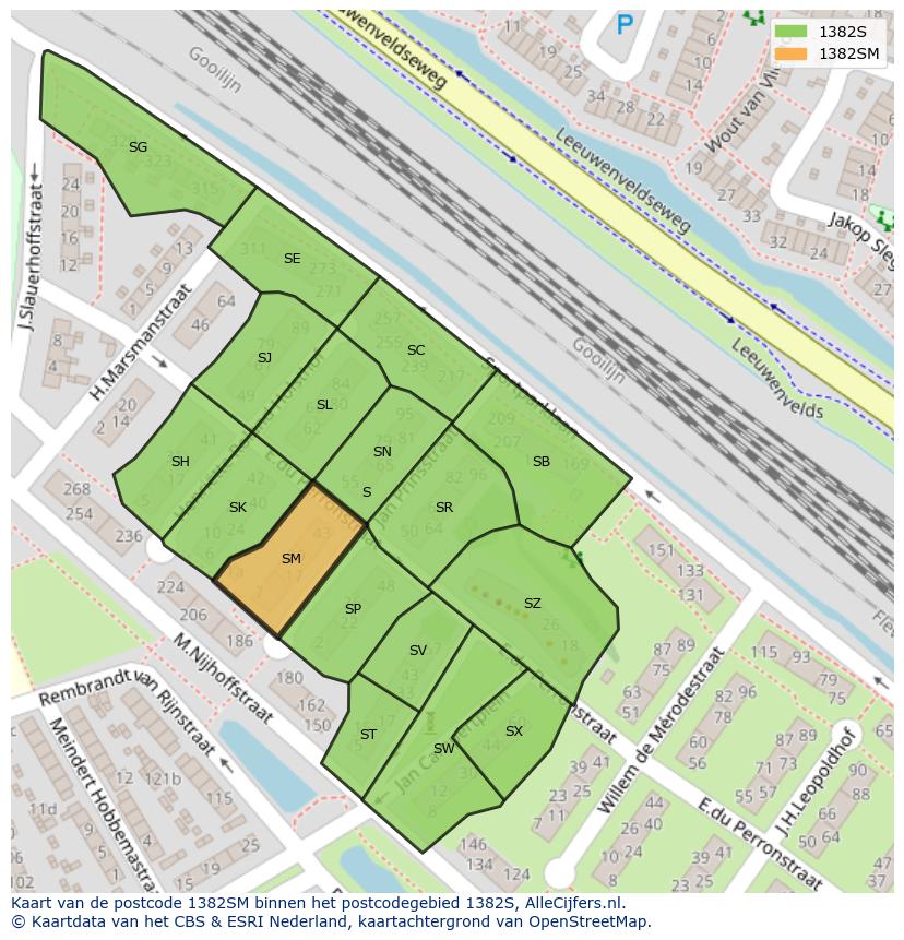 Afbeelding van het postcodegebied 1382 SM op de kaart.