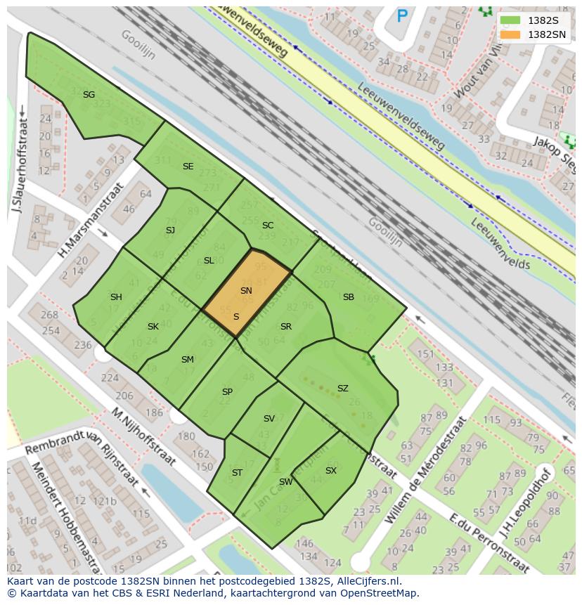 Afbeelding van het postcodegebied 1382 SN op de kaart.