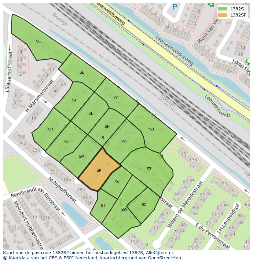 Afbeelding van het postcodegebied 1382 SP op de kaart.