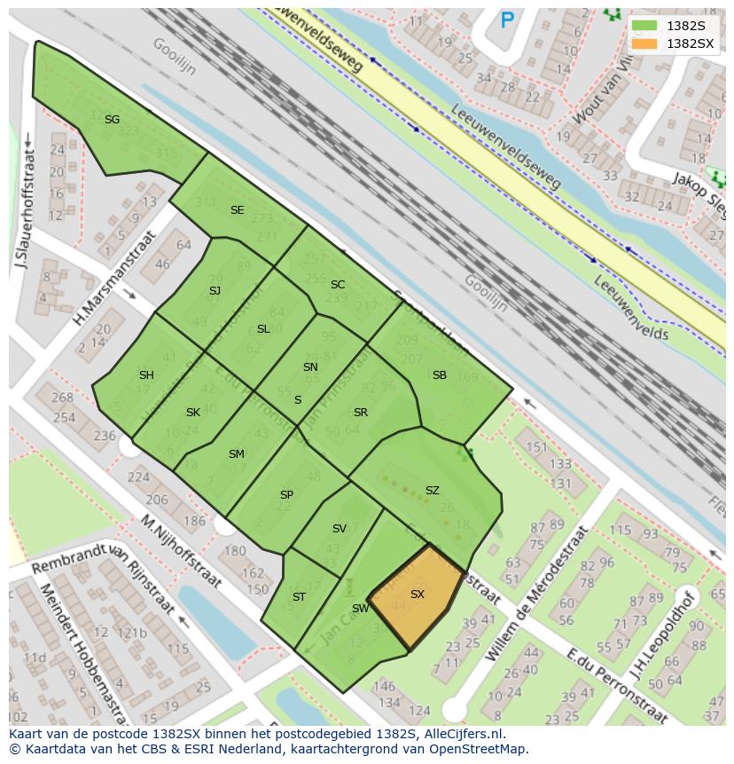 Afbeelding van het postcodegebied 1382 SX op de kaart.