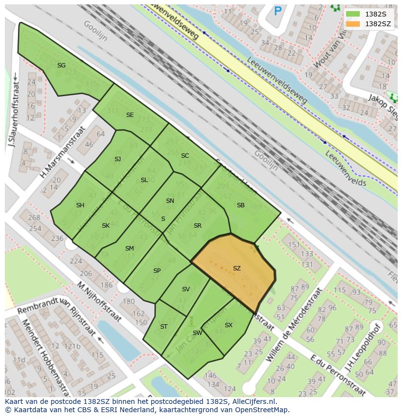 Afbeelding van het postcodegebied 1382 SZ op de kaart.
