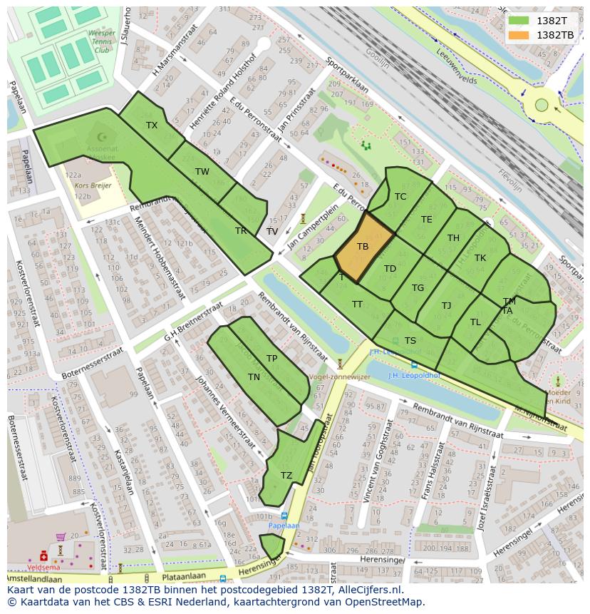 Afbeelding van het postcodegebied 1382 TB op de kaart.