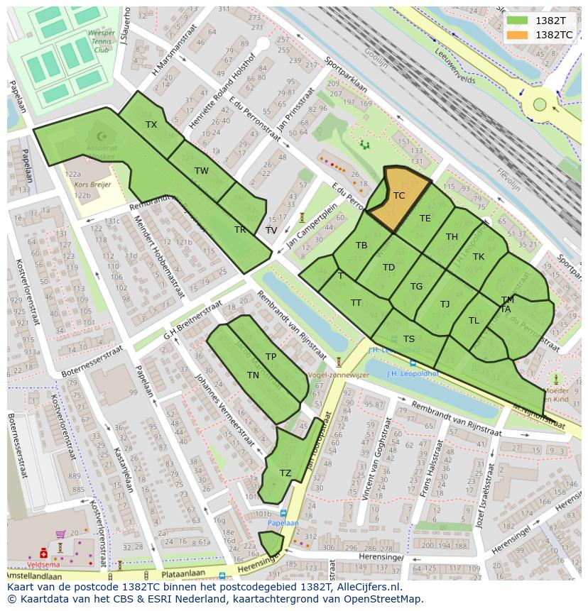 Afbeelding van het postcodegebied 1382 TC op de kaart.