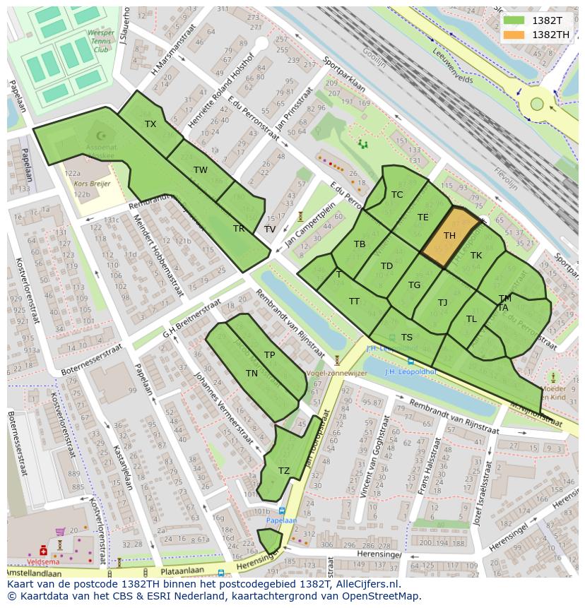 Afbeelding van het postcodegebied 1382 TH op de kaart.