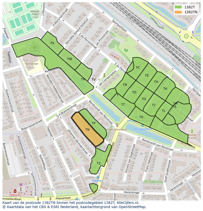 Afbeelding van het postcodegebied 1382 TN op de kaart.
