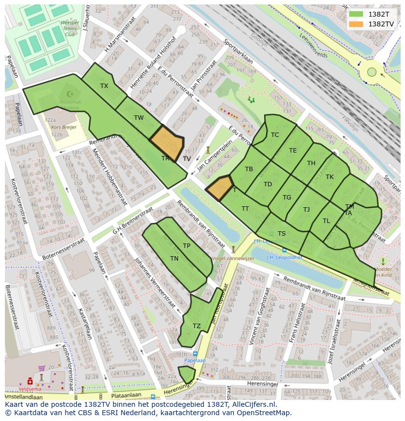 Afbeelding van het postcodegebied 1382 TV op de kaart.