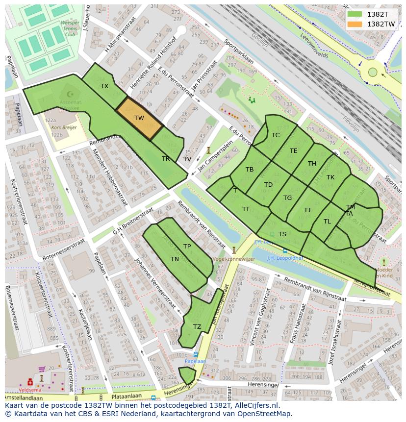 Afbeelding van het postcodegebied 1382 TW op de kaart.