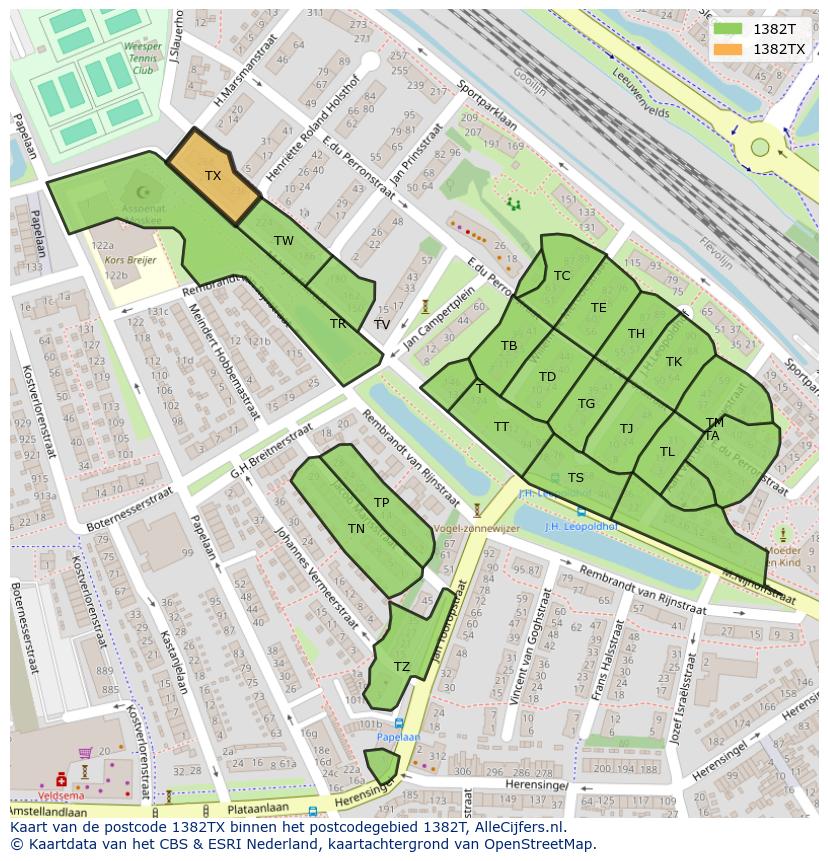 Afbeelding van het postcodegebied 1382 TX op de kaart.