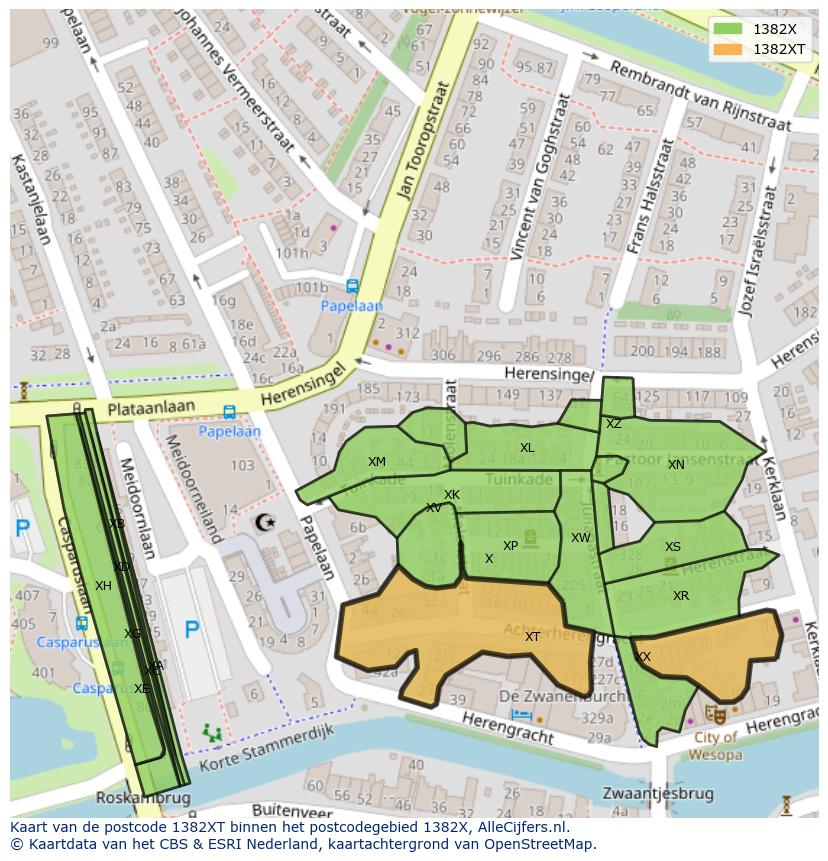 Afbeelding van het postcodegebied 1382 XT op de kaart.
