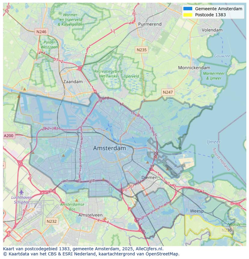 Afbeelding van het postcodegebied 1383 op de kaart.