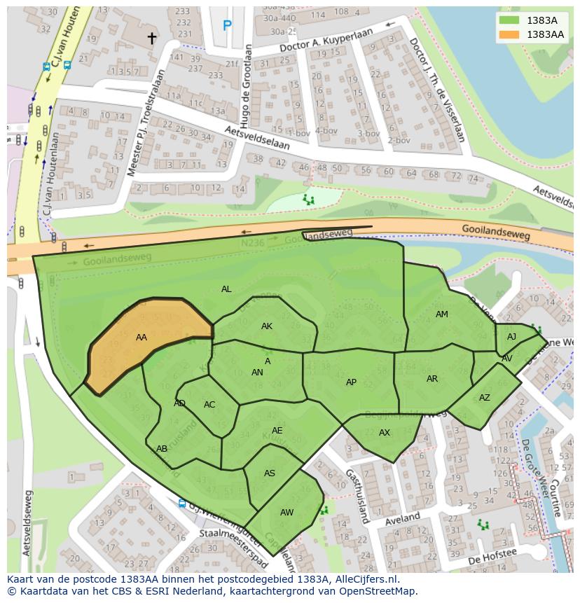 Afbeelding van het postcodegebied 1383 AA op de kaart.