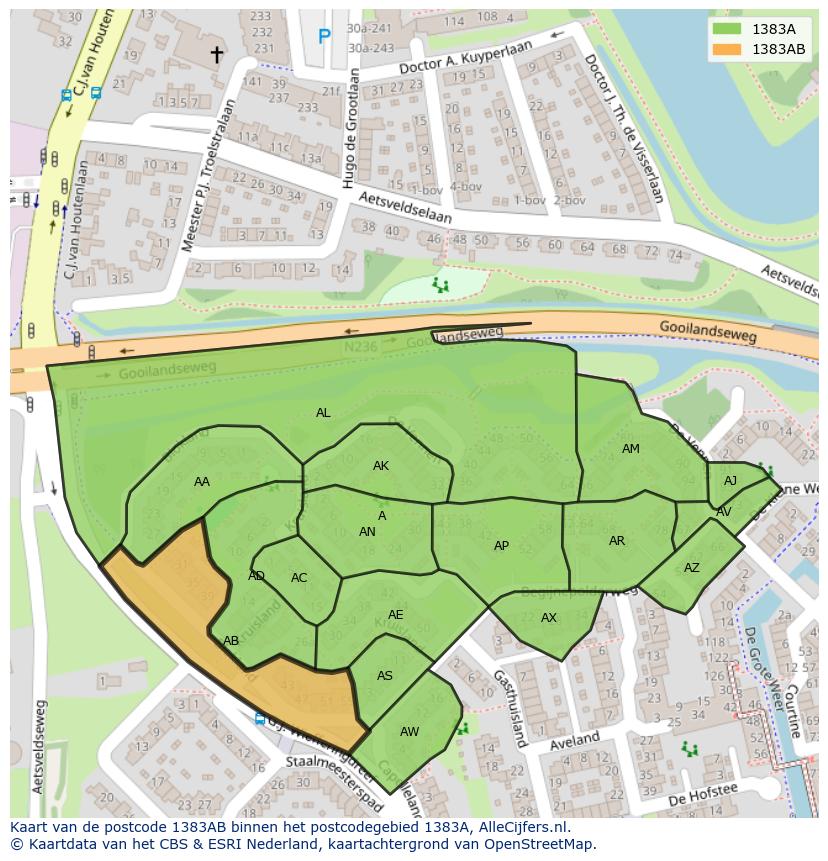 Afbeelding van het postcodegebied 1383 AB op de kaart.