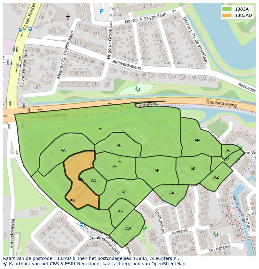 Afbeelding van het postcodegebied 1383 AD op de kaart.