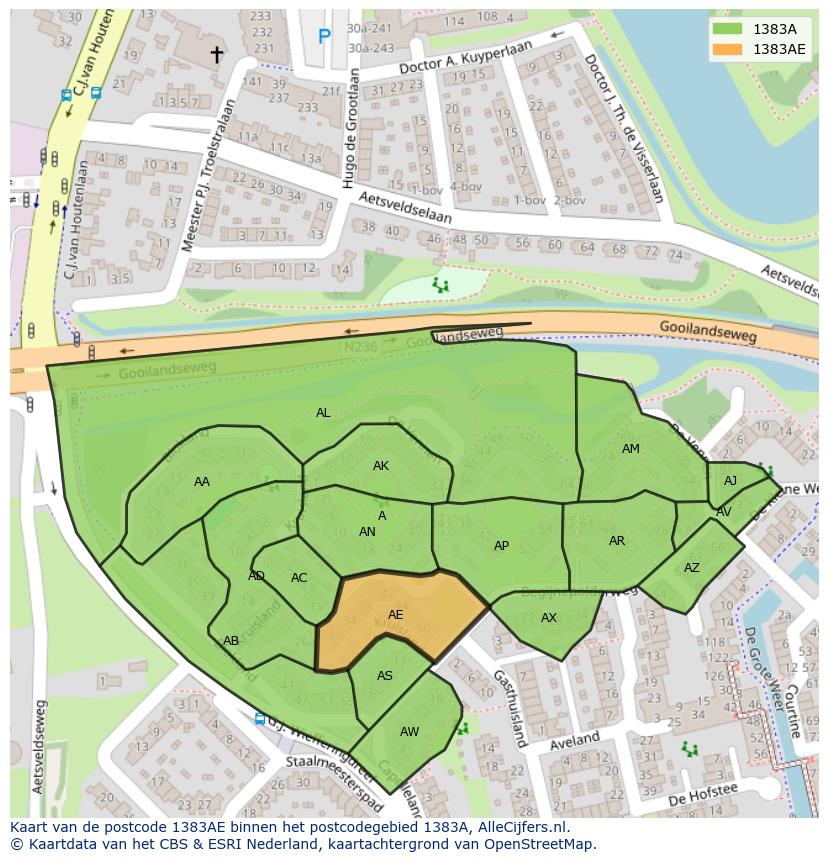 Afbeelding van het postcodegebied 1383 AE op de kaart.