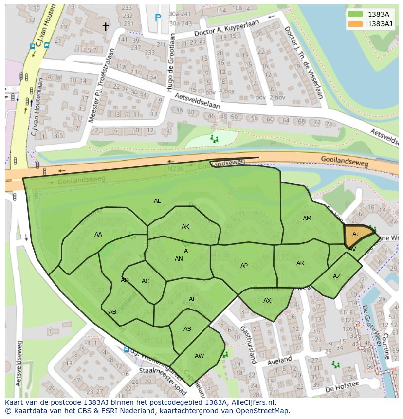 Afbeelding van het postcodegebied 1383 AJ op de kaart.