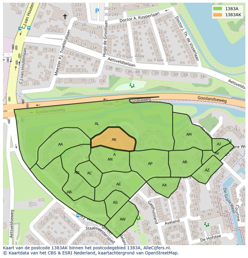 Afbeelding van het postcodegebied 1383 AK op de kaart.