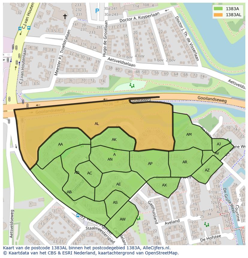 Afbeelding van het postcodegebied 1383 AL op de kaart.