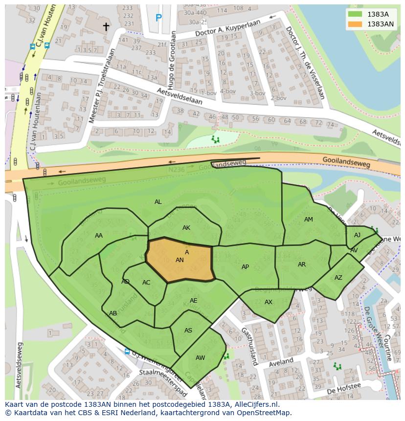 Afbeelding van het postcodegebied 1383 AN op de kaart.