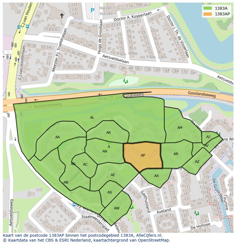 Afbeelding van het postcodegebied 1383 AP op de kaart.