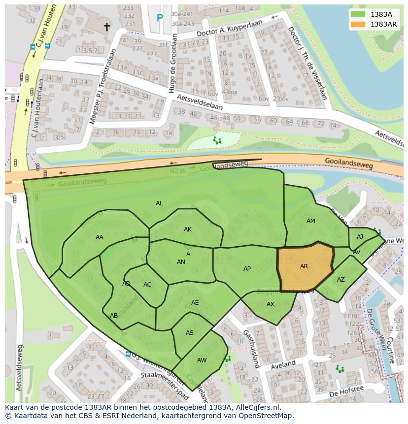 Afbeelding van het postcodegebied 1383 AR op de kaart.