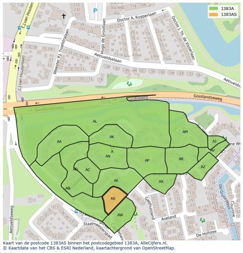 Afbeelding van het postcodegebied 1383 AS op de kaart.