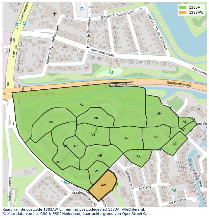 Afbeelding van het postcodegebied 1383 AW op de kaart.