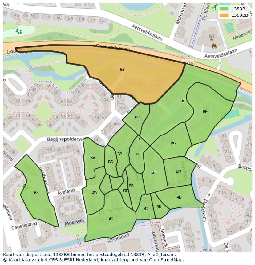 Afbeelding van het postcodegebied 1383 BB op de kaart.
