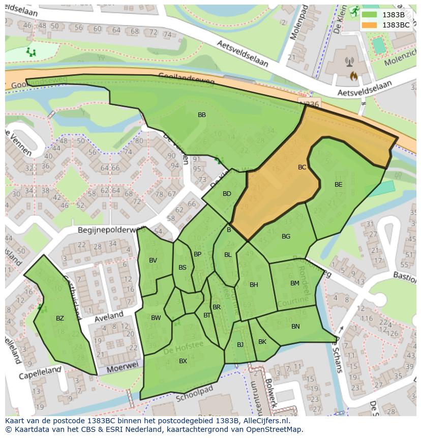 Afbeelding van het postcodegebied 1383 BC op de kaart.