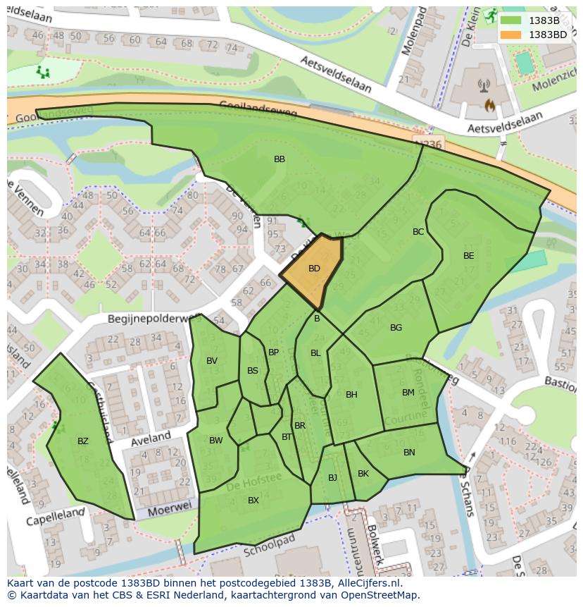 Afbeelding van het postcodegebied 1383 BD op de kaart.