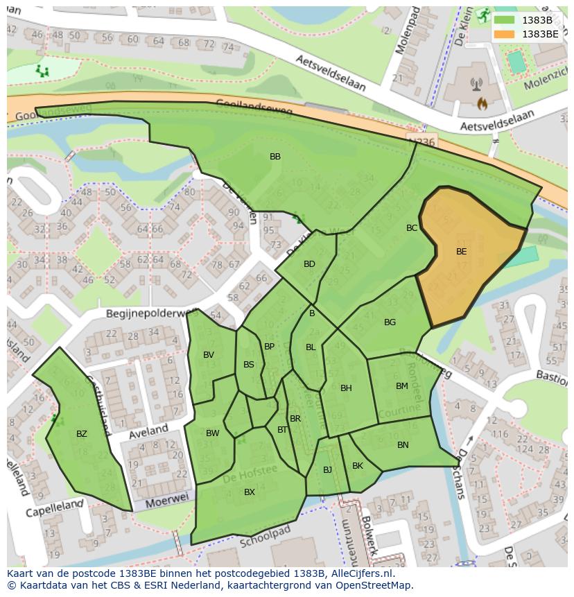 Afbeelding van het postcodegebied 1383 BE op de kaart.