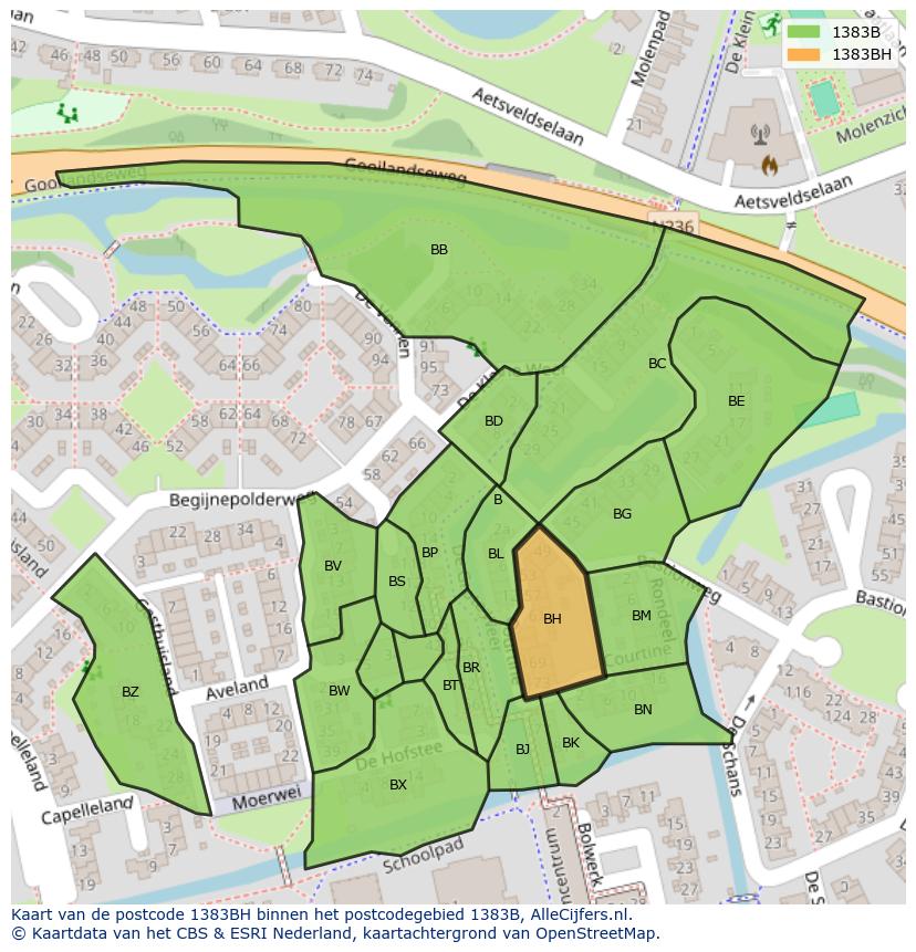 Afbeelding van het postcodegebied 1383 BH op de kaart.