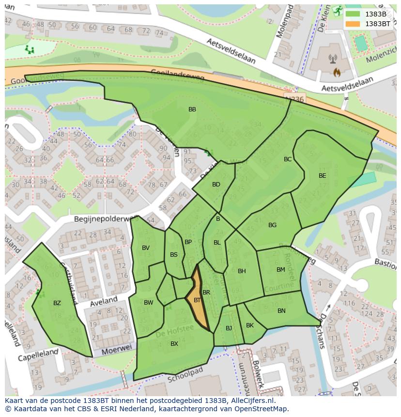 Afbeelding van het postcodegebied 1383 BT op de kaart.