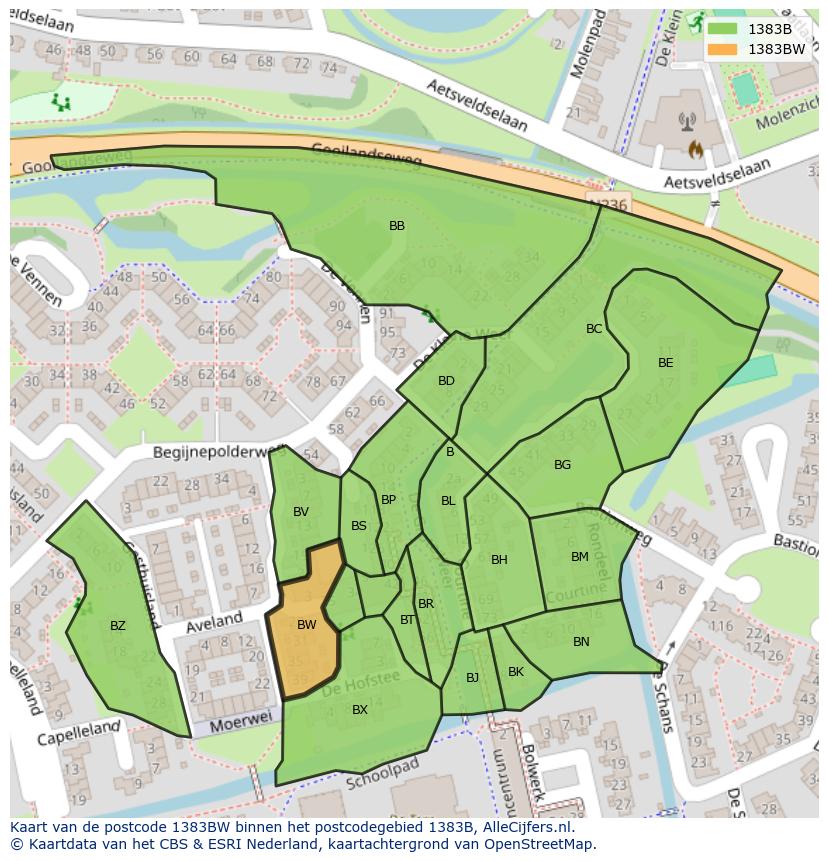 Afbeelding van het postcodegebied 1383 BW op de kaart.