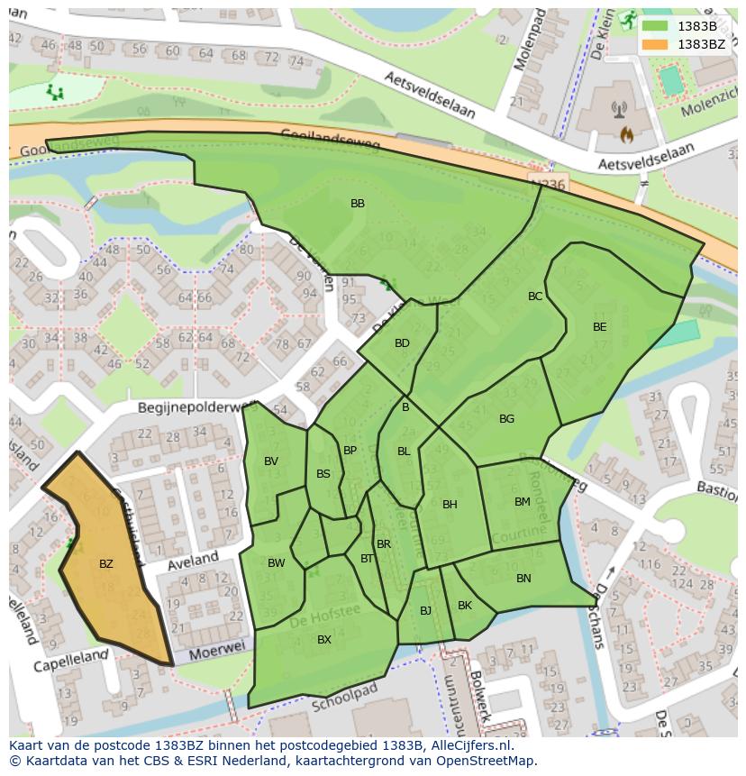 Afbeelding van het postcodegebied 1383 BZ op de kaart.